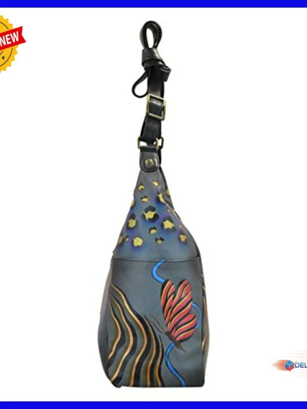 Genuine Leather Handpainted Hobo Bag with Multiple Pockets Adjustable Strap